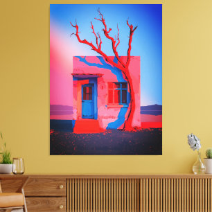 Surrealistische woestijn huis muurkunst – Minimali Canvas Afdruk