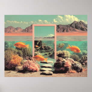 Surrealistische woestijn-oceaan met deur poster