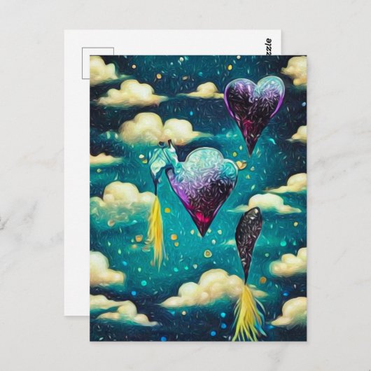 Surrealistische  wolken en hartballonnen briefkaart (Voorkant / Achterkant)