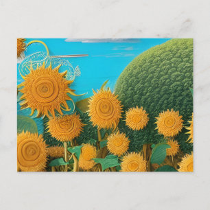 Surrealistische zonnebloemen van garen   briefkaart