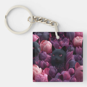 Surrealistische Zwarte Kat en Roze Pioen Bloemmoti Sleutelhanger