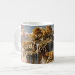 Surrealistische zwevende eilanden met gouden bomen koffiemok