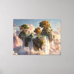 Surrealistische zwevende kliffen met watervallen canvas afdruk