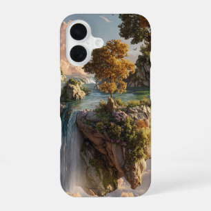 Surrealistische zwevende kliffen met watervallen iPhone 16 hoesje