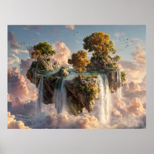 Surrealistische zwevende kliffen met watervallen poster
