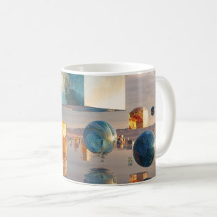 Surrealistische zwevende kubussen en bollen koffiemok