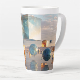 Surrealistische zwevende kubussen en bollen latte mok