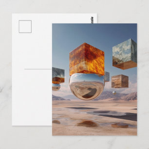 Surrealistische zwevende kubussen en reflecterende briefkaart