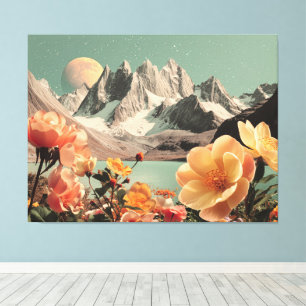 SURREËEL BERGLANDSCHAP MET BLOEIENDE BLOEMEN CANVAS AFDRUK