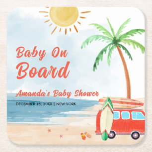 Surven Beach Baby aan boord van het Baby shower Vierkante Kartonnen Onderzetter