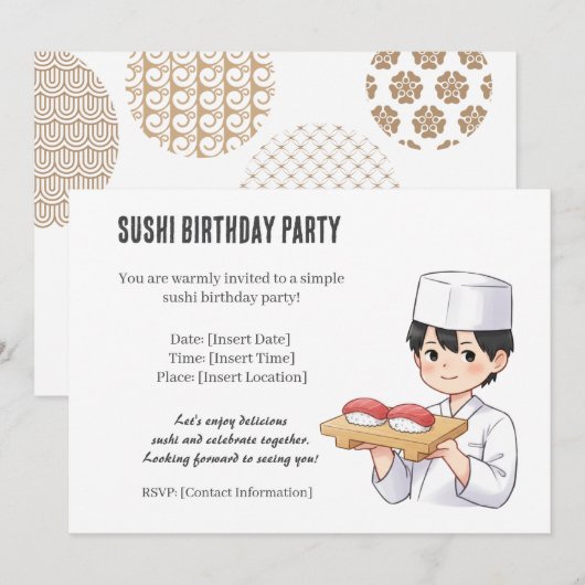 Sushi Birthday Party Invitation with Cute Anime (Devant / Derrière)