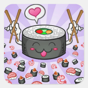 Sushi Cartoon Character Eating Lots of Shrimp Vierkante Sticker