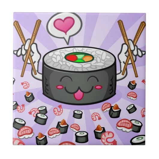 Sushi Cartoon Karton eet veel garnalen Tegeltje (Voorkant)