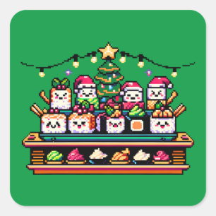 Sushi Christmas Celebration - Feestelijk 8-bits on Vierkante Sticker