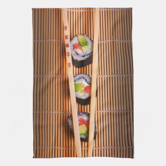 Sushi en houten stokjes theedoek (Verticaal)