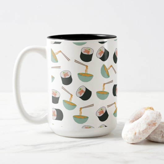 Sushi en Noodles Pattern Tweekleurige Koffiemok (Met donut)