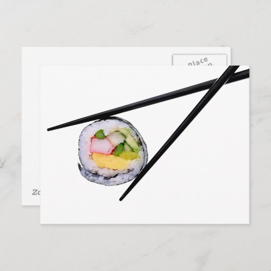 Sushi en zwarte stokjes sushi, chopsticks, ric briefkaart (Voorkant / Achterkant)