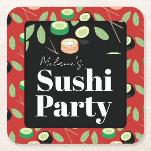 Sushi Feest Rolls Verjaardagsnaam Vierkante Kartonnen Onderzetter
