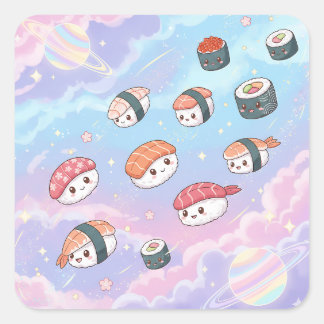 Sushi Flying in Pastel Galaxy Sky Vierkante Sticker