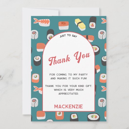 Sushi Party bedankpas Kaart (Voorkant)