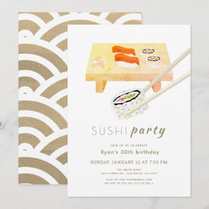 Sushi Party Modern White & Gold Birthday Kaart