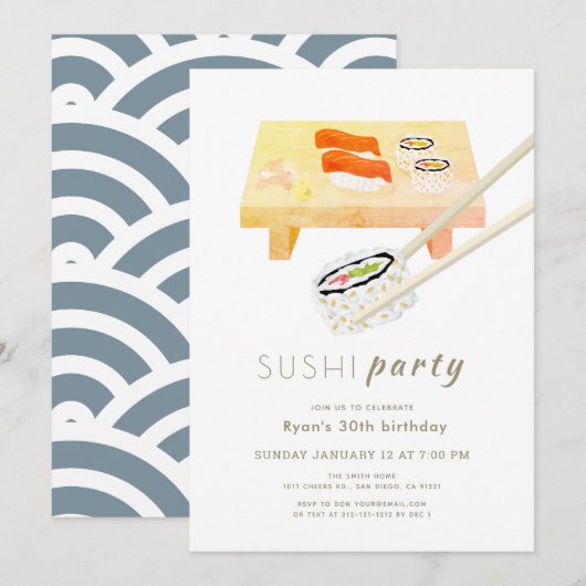 Sushi Party Modern Wit & Blauw Verjaardag Kaart (Voorkant / Achterkant)