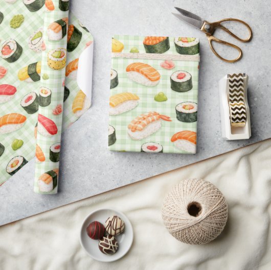 Sushi Pattern on Light Green Grid Cadeaupapier (Crafts)