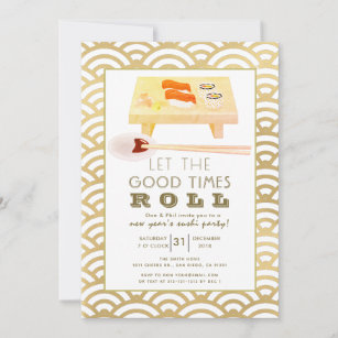 Sushi Roll Gold New Year's Party Invitation
