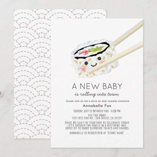 Sushi Roll Kawaii Drive-by Baby shower Kaart (Voorkant / Achterkant)