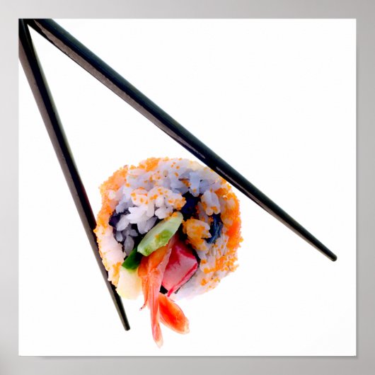 Sushi Shrimp Roll Black Chopsticks op White Japan Poster (Voorkant)