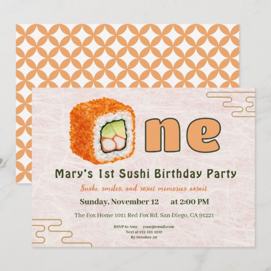 Sushi-Themed 1st Birthday Invitation (Devant / Derrière)