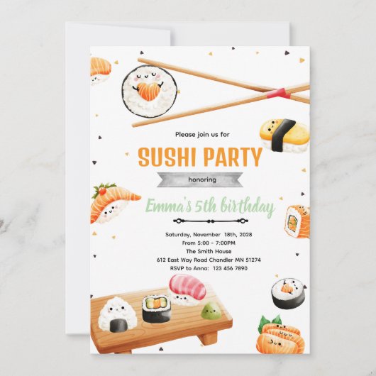 Sushi verjaardagsfeestje kind uitnodiging (Voorkant)