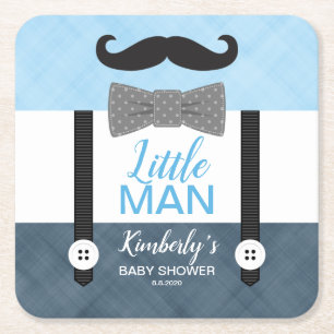 Suspender Little man blue navy boy baby shower Vierkante Kartonnen Onderzetter