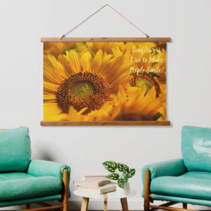 Suspendue Tapisserie Jaune Tournesols Dicton Bois dessus