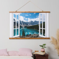 Vue Fenêtre Montagnes Et Tapisserie De Lac Wall
