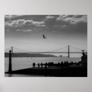 Suspension Bridge in Lissabon Black and White Phot Poster