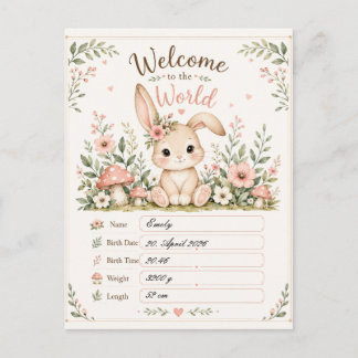 Süßes Baby Hasen Design mit Geburtsdaten Feldern Briefkaart