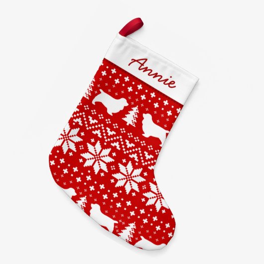 Sussex Spaniel Silhouettes Pattern Red en White Kleine Kerstsok (Voorkant (Hangend))