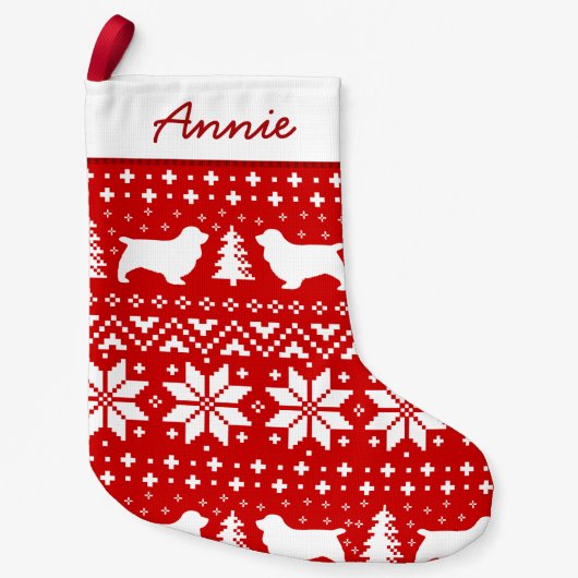 Sussex Spaniel Silhouettes Pattern Red en White Kleine Kerstsok (Voorkant)