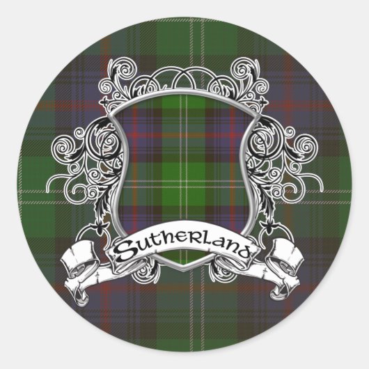 Sutherland Tartan Shield Ronde Sticker (Voorkant)