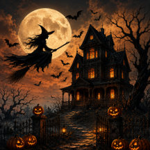 Halloween Spooky Witch Flying Over Haunted House 