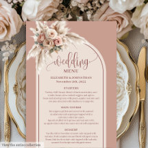 Dusty Pink Roses Pampas Arch Wedding Menus ROSE
