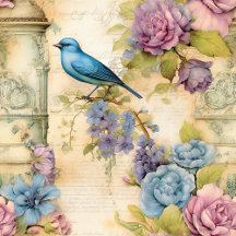 Vintage Elegance Blue Bird and Pink Flowers
