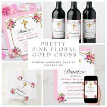 PRETTY PINK FLORAL GOLD CROSS SPANISH BAPTISM