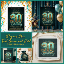 Elegant Chic Teal Green and Gold 30th Birthday