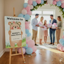 Cute bear woodland animal holding a sign