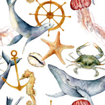 MARINE LIFE PATTERN - COASTAL BEACH LIVING HOME