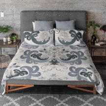 Boho Blue Mermaid Floral Scroll Pattern Bedding 
