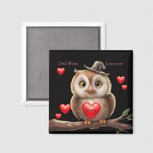 Fridge Magnets: Owls Red Hearts