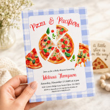 Blue Gingham Pizza Baby Boy Shower Collection